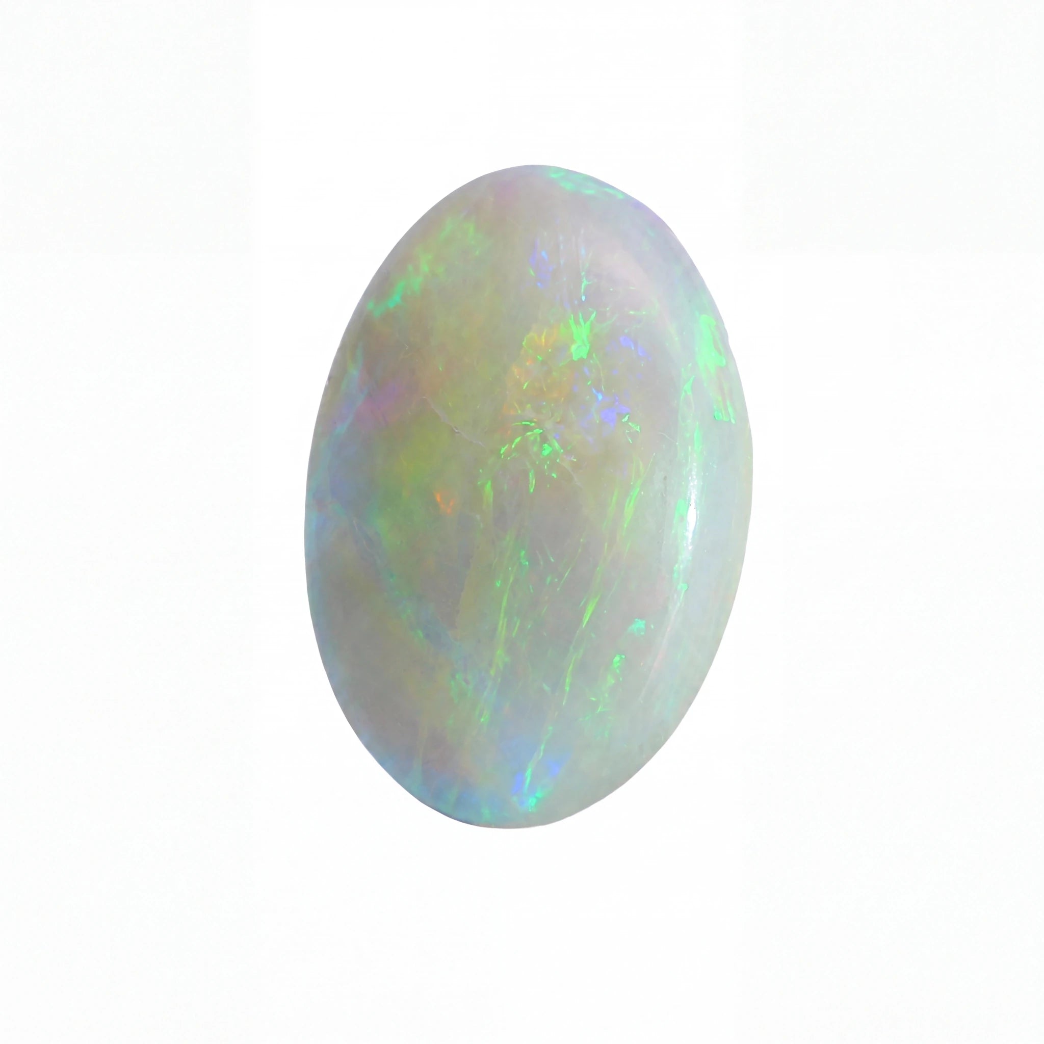 A polished oval cabochon gemstone with a white base and vibrant iridescent flashes of green, blue, and orange, set against a plain white background.