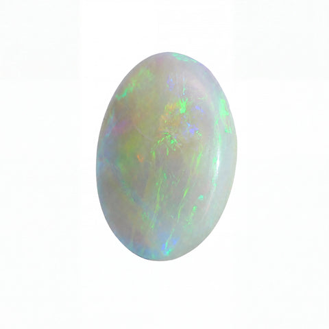 A polished oval cabochon gemstone with a white base and vibrant iridescent flashes of green, blue, and orange, set against a plain white background.
