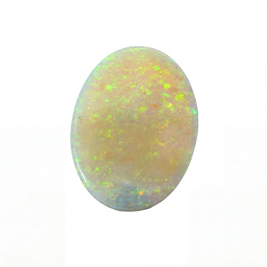 A polished oval cabochon opal gemstone displaying a soft peach-beige base with vibrant green, yellow, and blue iridescent flashes, set against a plain white background.