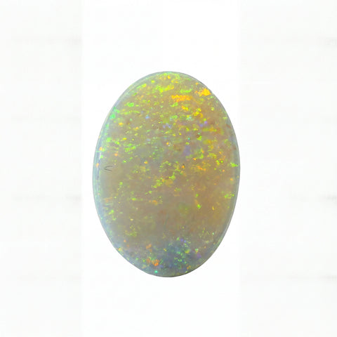 An oval cabochon opal gemstone displaying a play-of-colour with vibrant flashes of yellow, green, blue, and orange against a pale greyish-brown base, set against a plain white background.