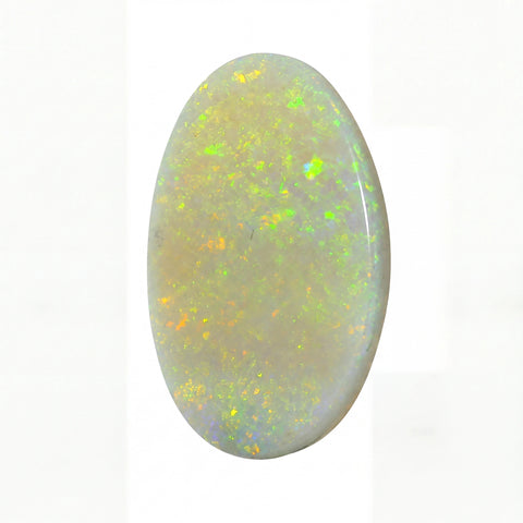 A polished oval cabochon opal gemstone displaying a play-of-colour with vibrant flashes of green, orange, and blue over a milky white and pale grey base, set against a plain white background.