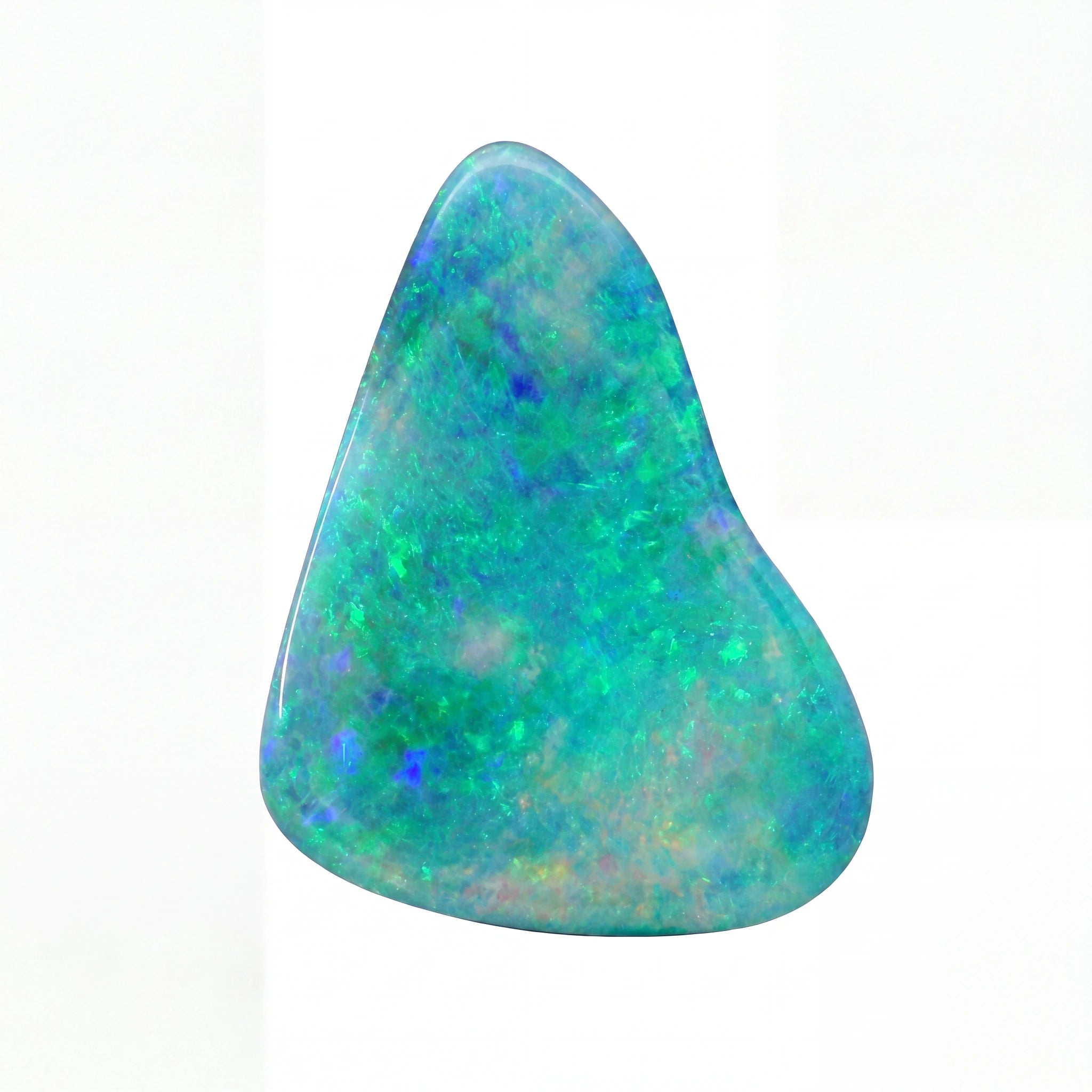 A polished teardrop-shaped opal gemstone with vibrant blue, green, and turquoise iridescent colours, set against a plain white background.