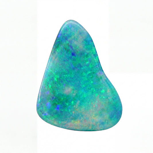 A polished teardrop-shaped opal gemstone with vibrant blue, green, and turquoise iridescent colours, set against a plain white background.
