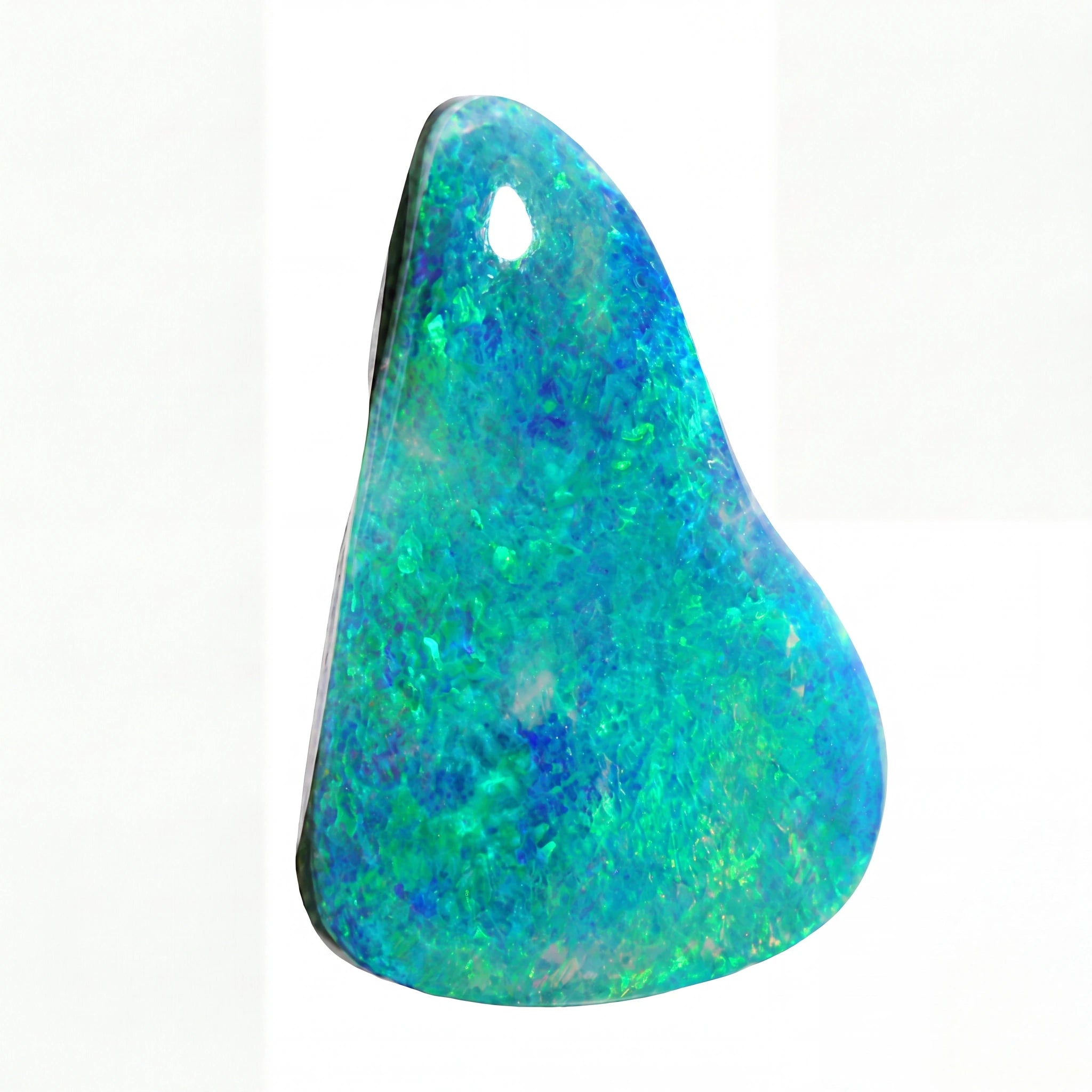 A polished teardrop-shaped opal gemstone pendant with a hole near the top, showcasing vibrant blue, green, and turquoise iridescent colours on a white background.