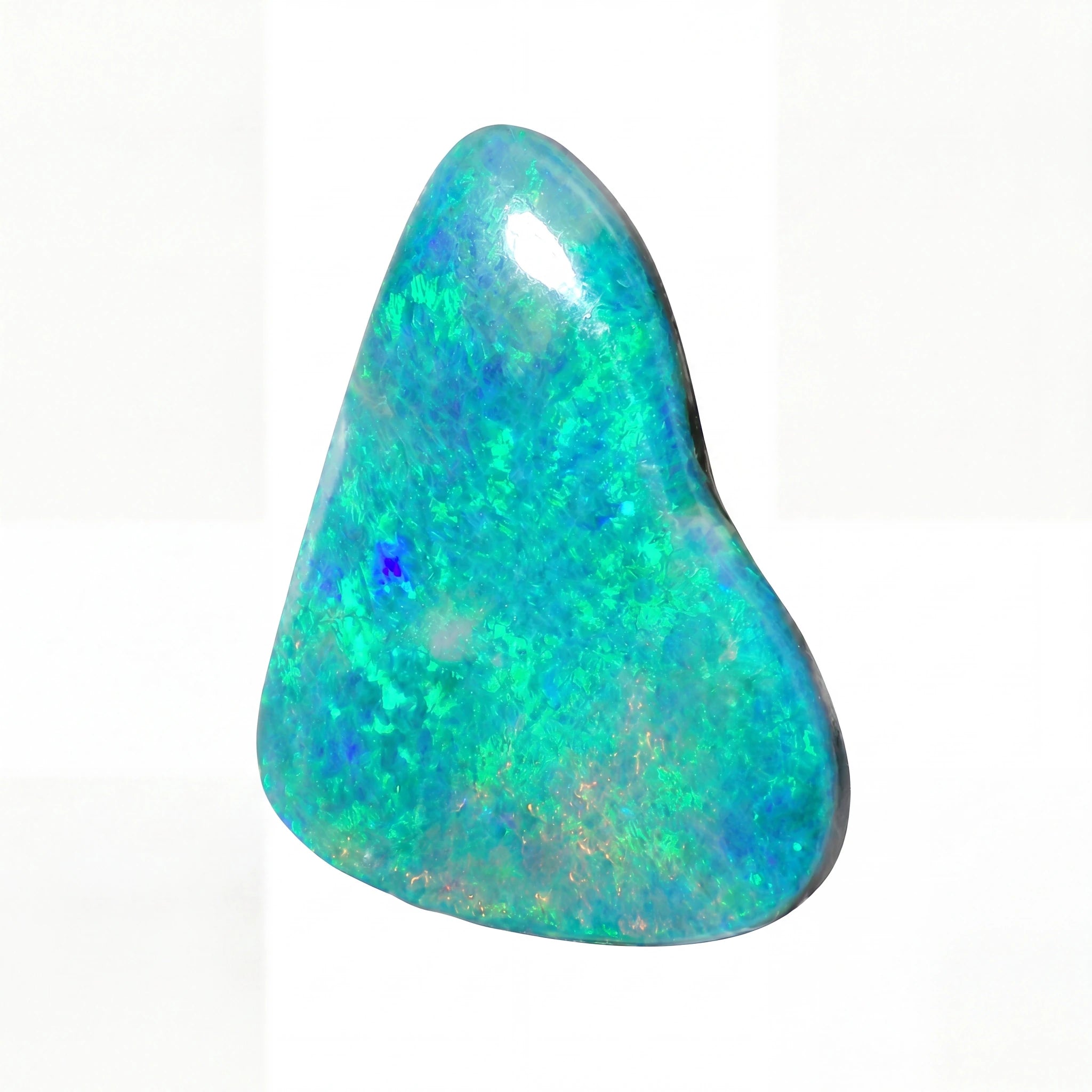 A polished triangular opal stone with vibrant blue, green, and turquoise iridescent play-of-colour, set against a clean white background.