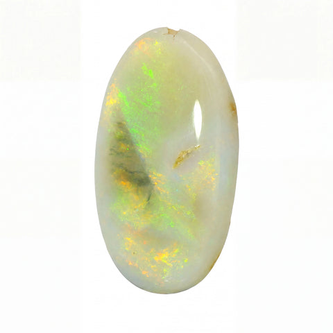 A polished oval cabochon gemstone with a white base and vibrant iridescent flashes of green, yellow, and orange, set against a plain white background.