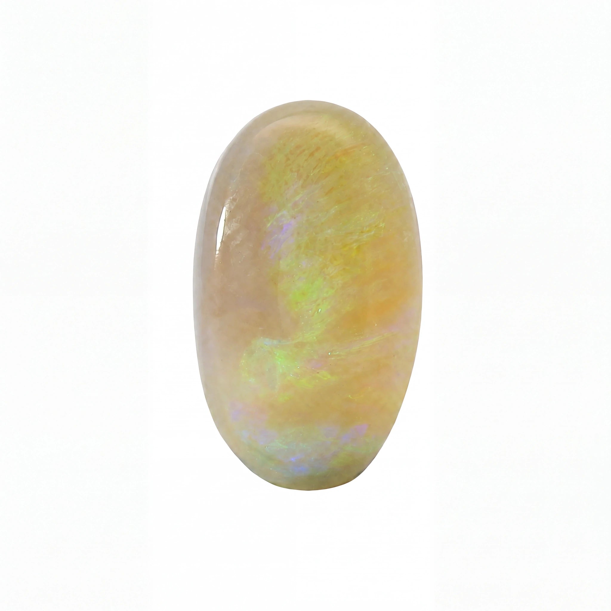 A polished oval cabochon gemstone with a pearlescent golden-beige body and iridescent flashes of green, blue, and purple, shown on a plain white background.