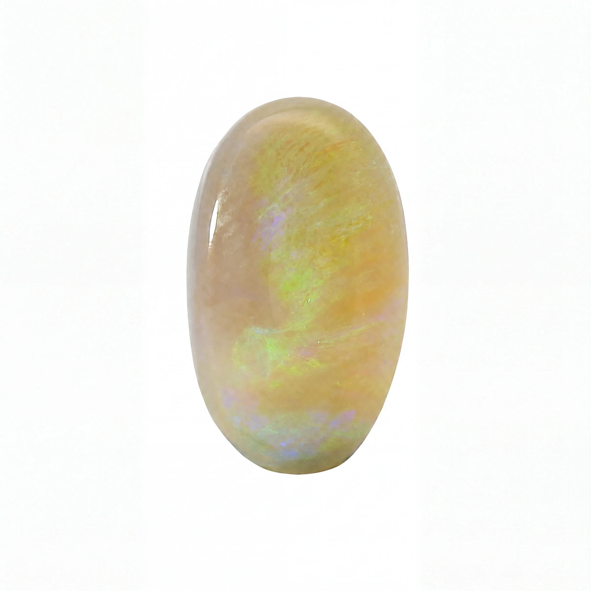 A polished oval cabochon gemstone with a pearlescent golden-beige body and iridescent flashes of green, blue, and purple, shown on a plain white background.