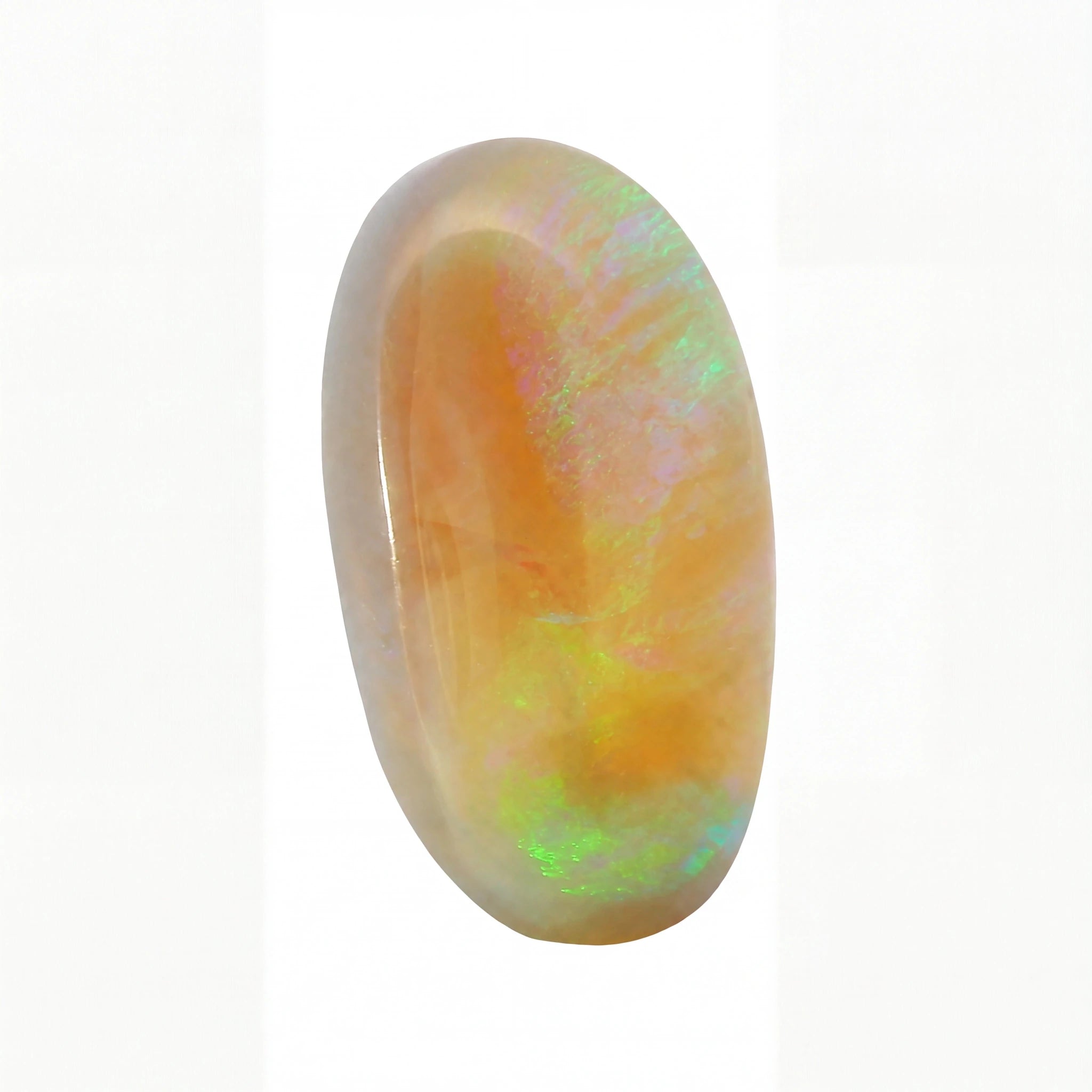 A polished oval cabochon opal gemstone displaying a warm peach-orange body with vibrant iridescent flashes of green, blue, and purple, set against a plain white background.