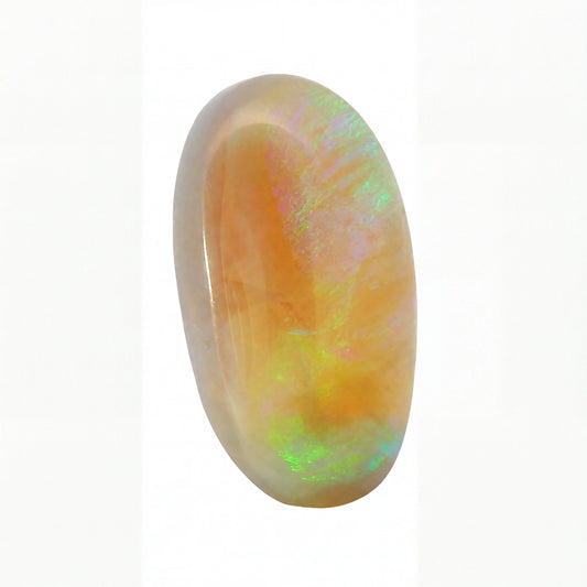 A polished oval cabochon opal gemstone displaying a warm peach-orange body with vibrant iridescent flashes of green, blue, and purple, set against a plain white background.