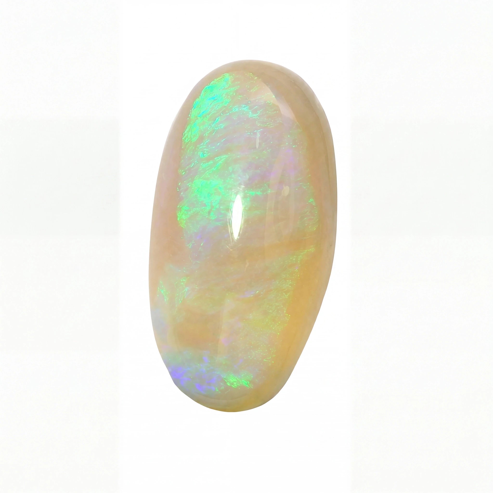 A polished oval cabochon opal gemstone displaying a creamy beige base with vibrant green, blue, and purple iridescent flashes, set against a plain white background.