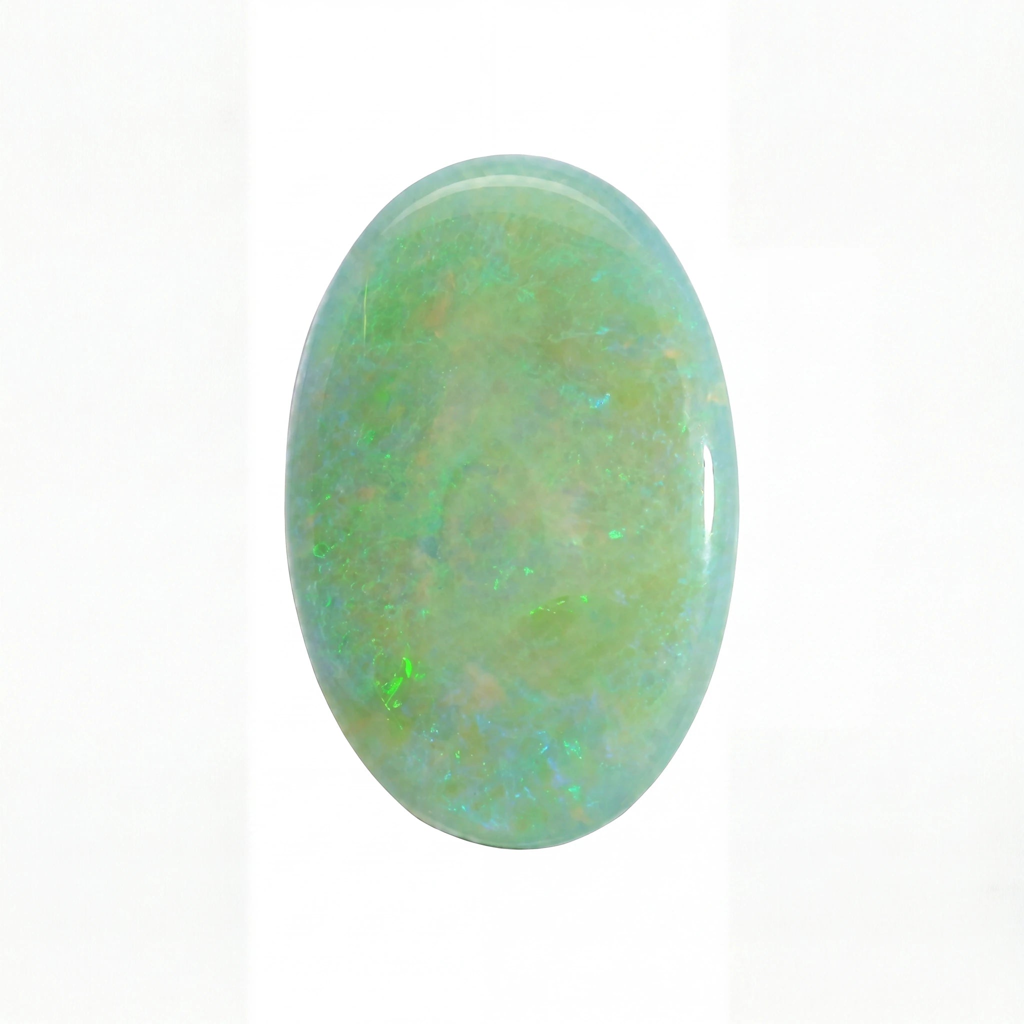 A polished oval cabochon gemstone with a light blue-green base and iridescent flashes of green and orange, set against a plain white background.