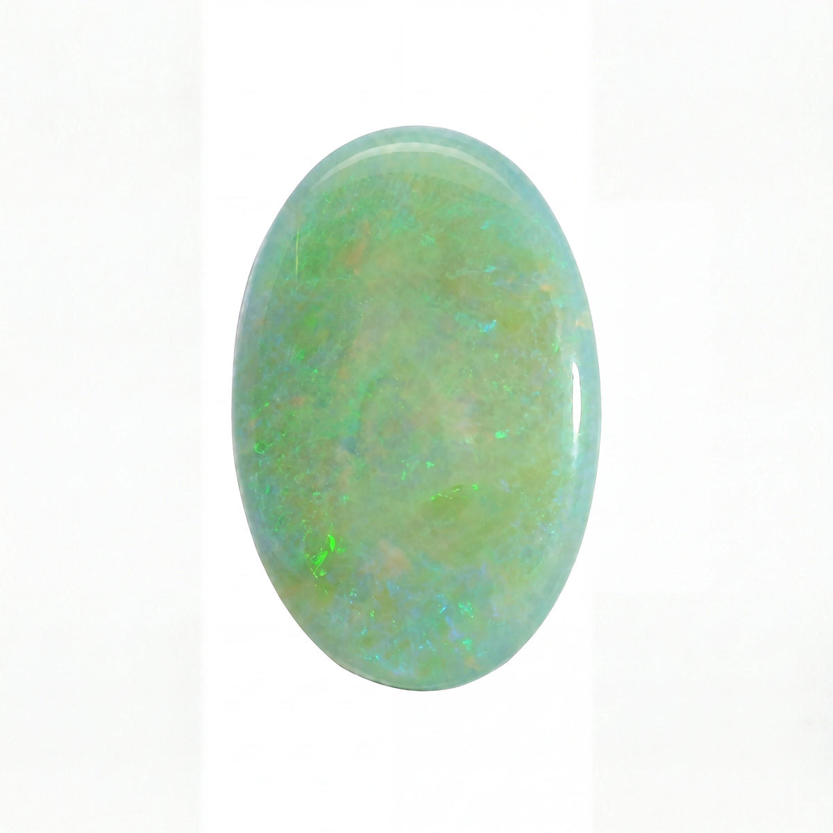 A polished oval cabochon gemstone with a light blue-green base and iridescent flashes of green and orange, set against a plain white background.