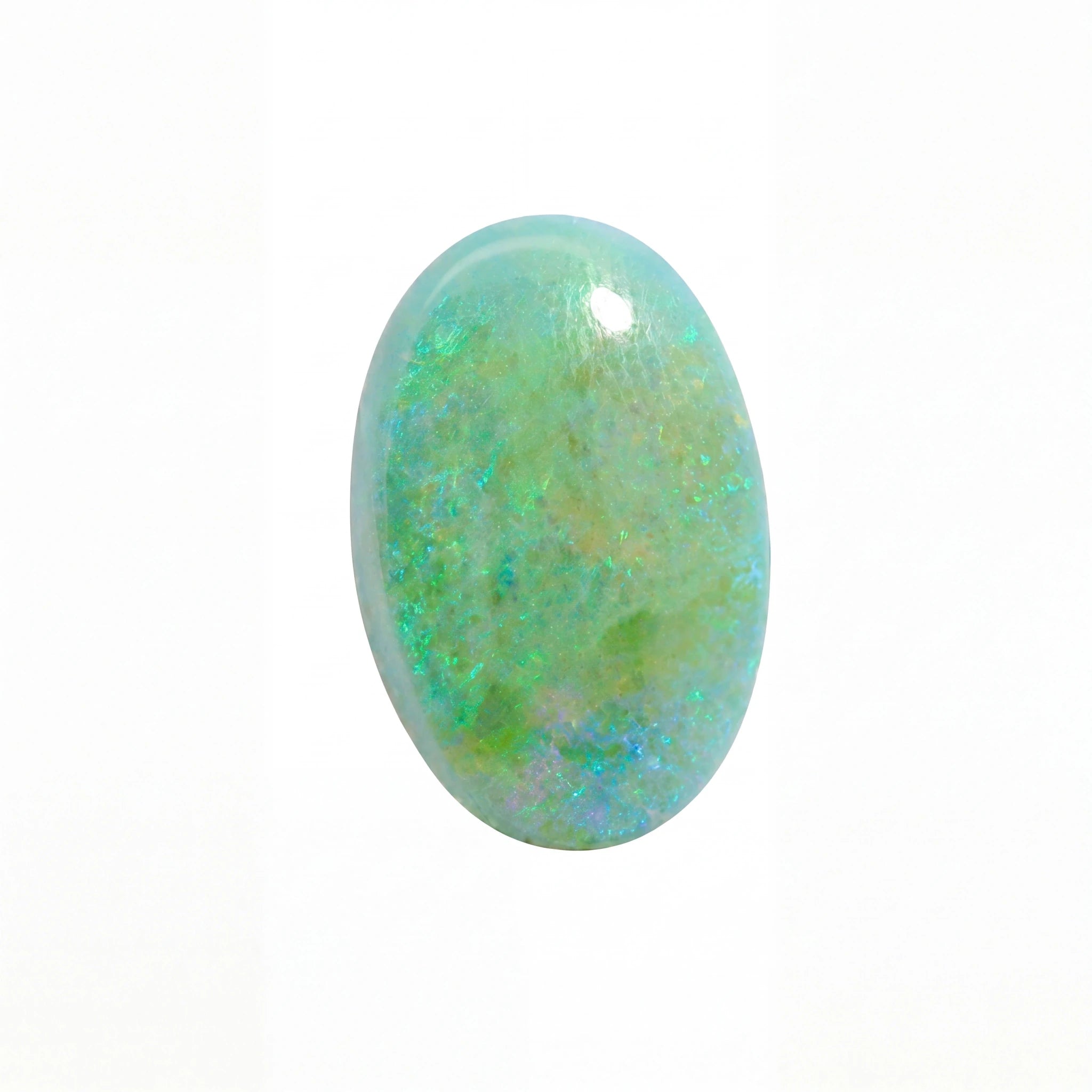 A polished oval cabochon gemstone with a light blue and green iridescent play-of-colour, shown on a plain white background.