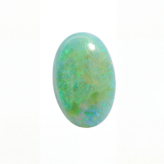 A polished oval cabochon gemstone with a light blue and green iridescent play-of-colour, shown on a plain white background.