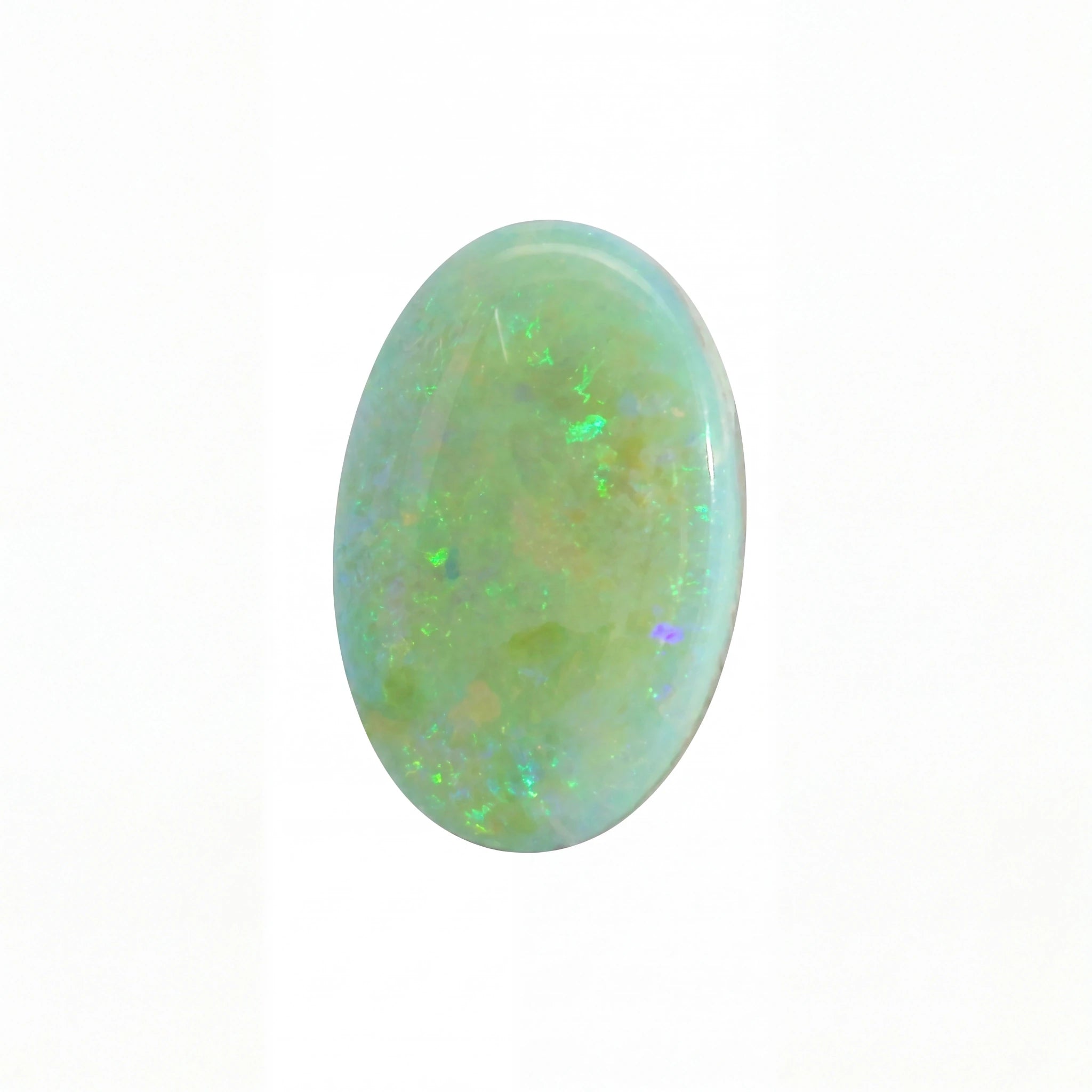 A polished oval cabochon gemstone with a light blue-green base and vibrant flashes of green, purple, and orange iridescence, shown on a plain white background.