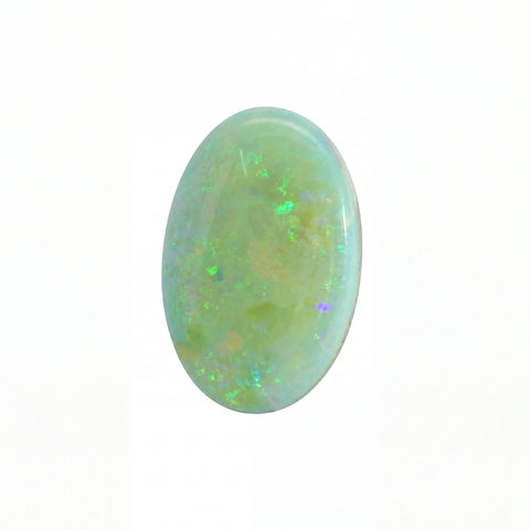 A polished oval cabochon gemstone with a light blue-green base and vibrant flashes of green, purple, and orange iridescence, shown on a plain white background.