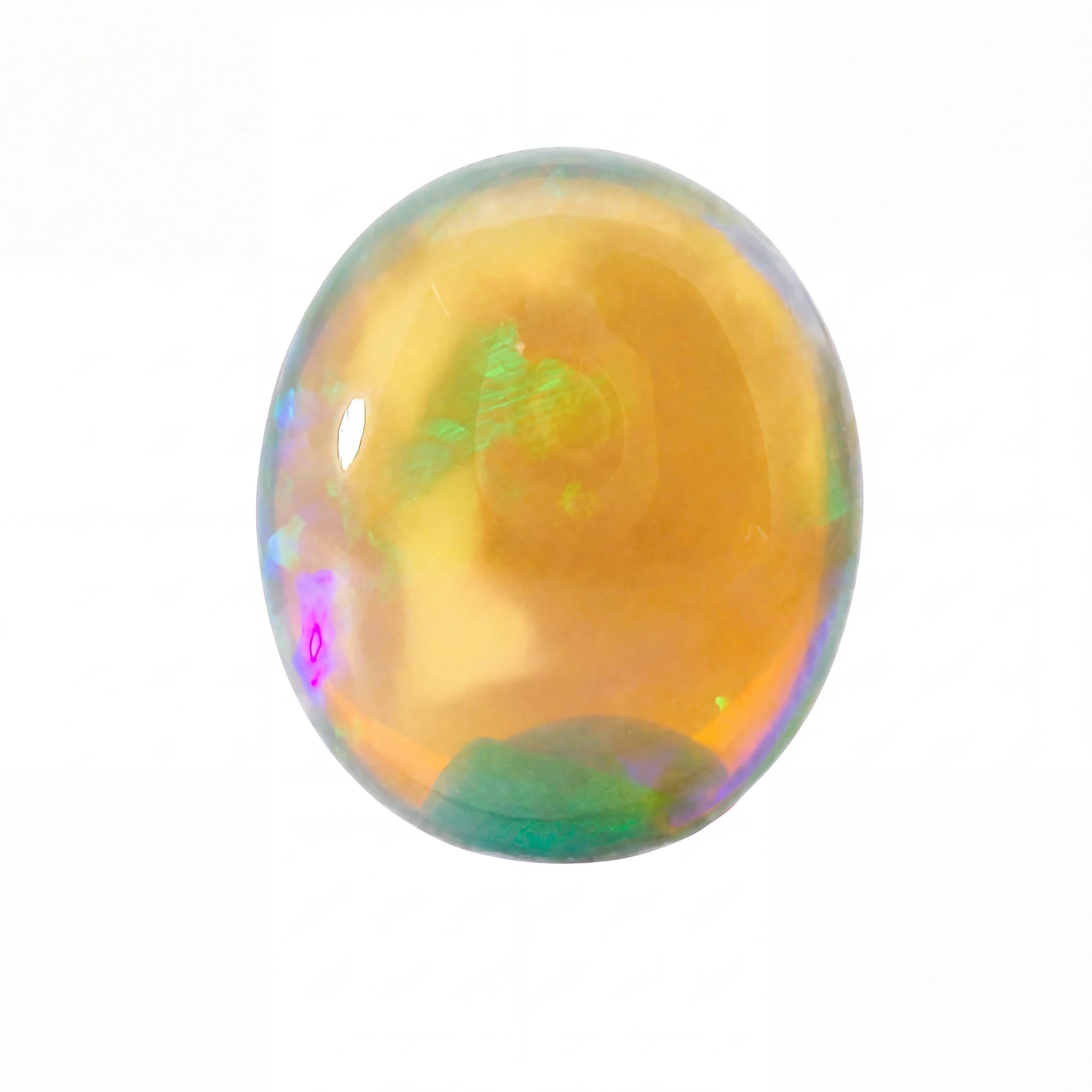 A polished oval cabochon gemstone with a warm golden-orange centre and iridescent flashes of green, blue, and pink, shown on a plain white background.