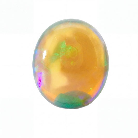 A polished oval cabochon gemstone with a warm golden-orange centre and iridescent flashes of green, blue, and pink, shown on a plain white background.