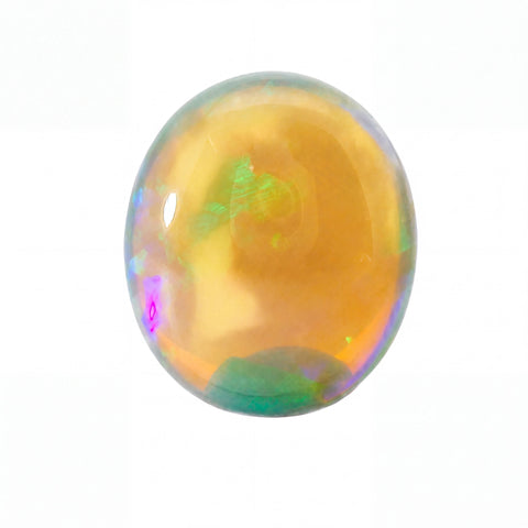 A polished oval cabochon gemstone with a warm golden-orange centre and iridescent flashes of green, blue, and pink, shown on a plain white background.