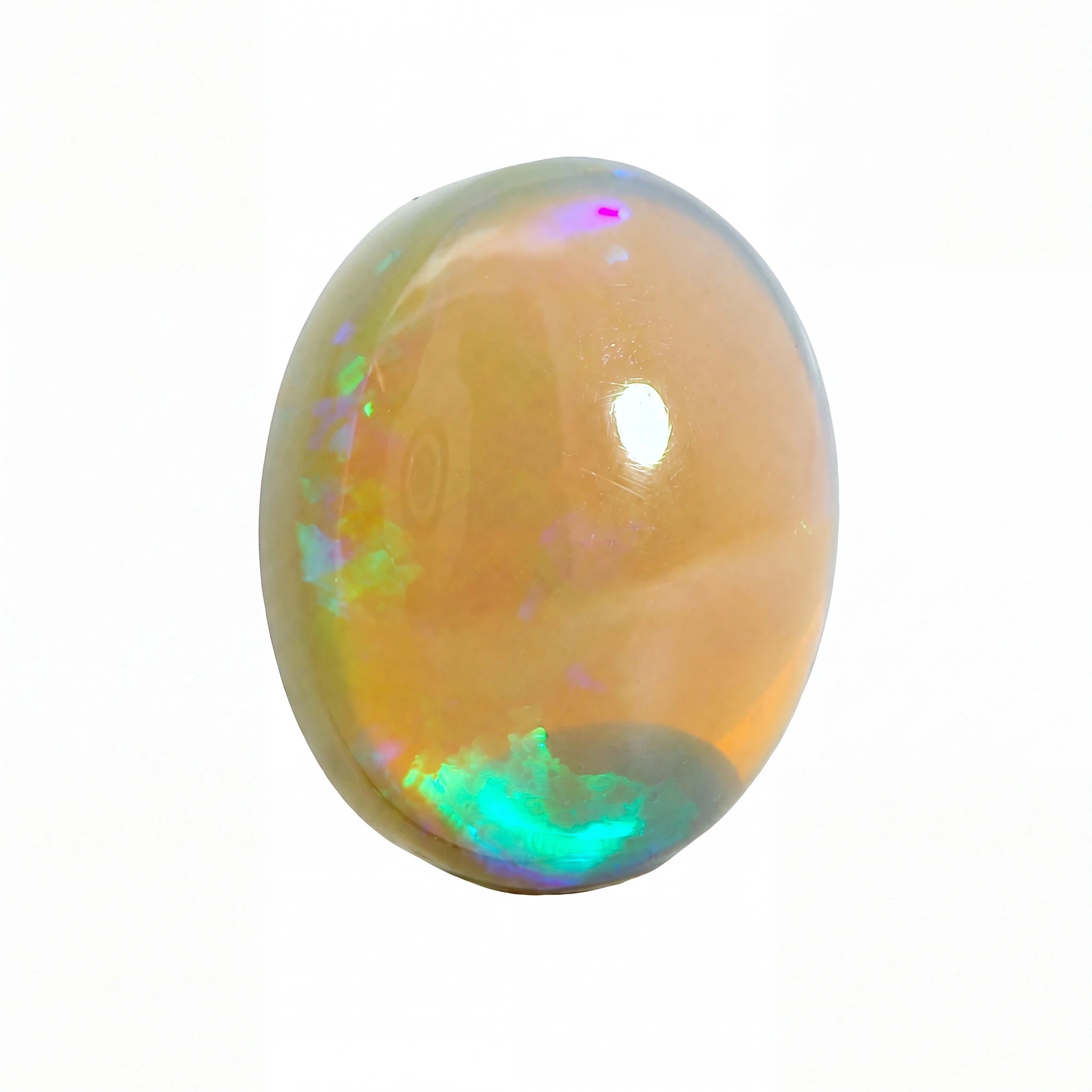 A polished oval cabochon gemstone with a peachy-orange body and vibrant iridescent flashes of green, blue, pink, and purple, isolated on a white background.