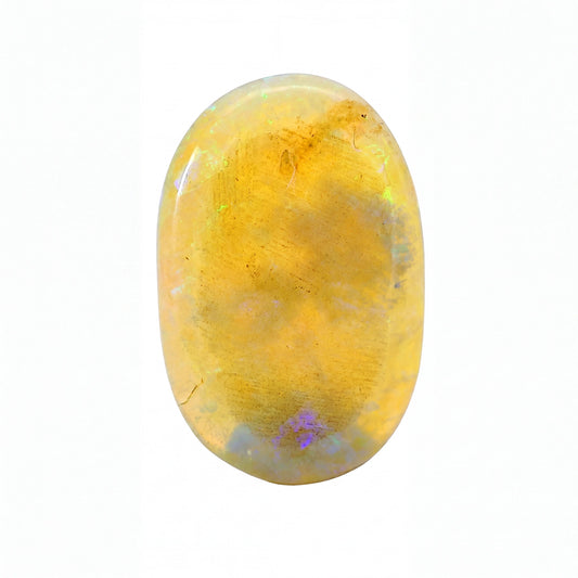 A polished oval cabochon gemstone with a dominant golden-yellow hue and subtle iridescent flashes of green, blue, and purple, set against a plain white background.