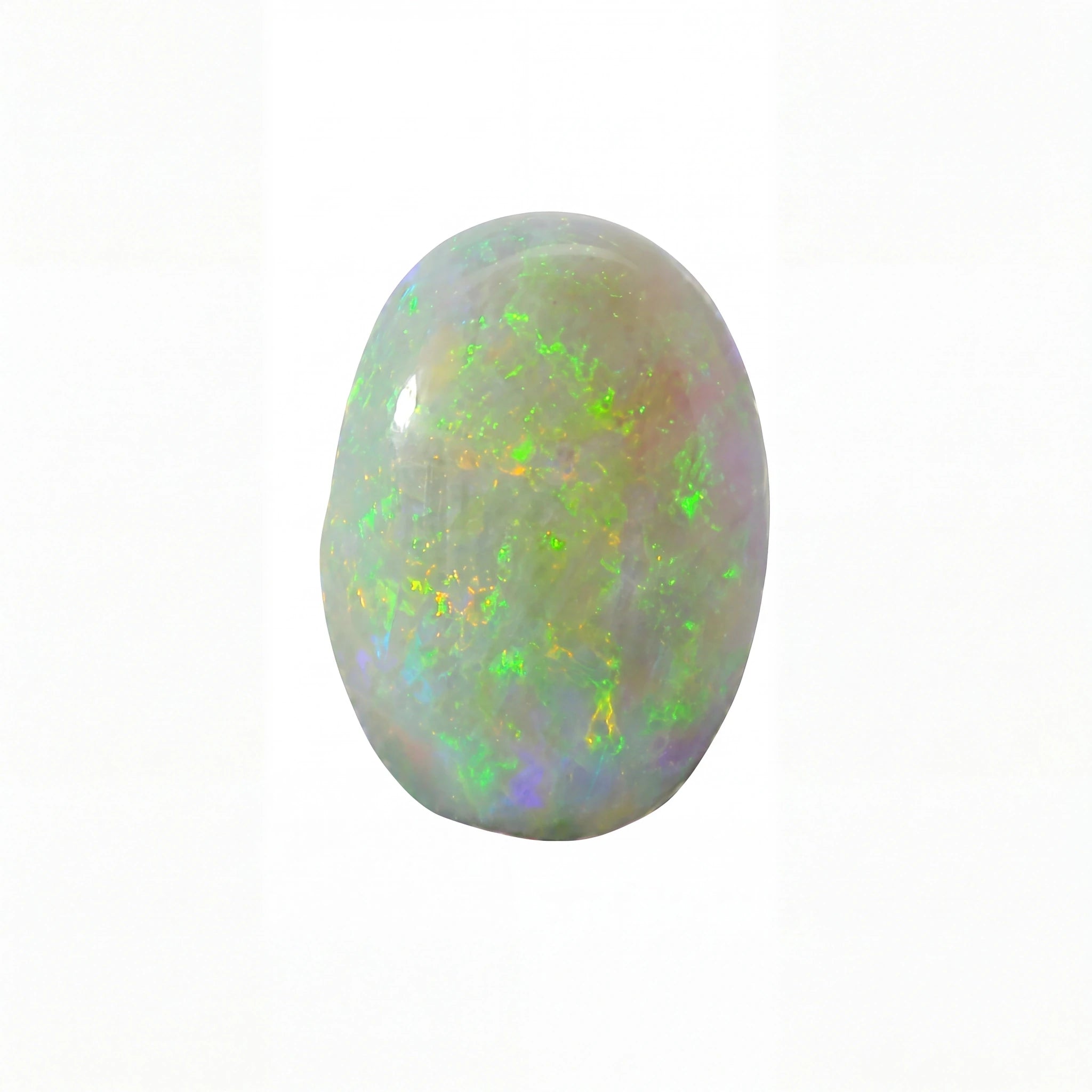 A polished oval cabochon opal gemstone displaying vibrant flashes of green, yellow, and blue iridescence against a pale grеyish-white base, isolated on a solid white background.