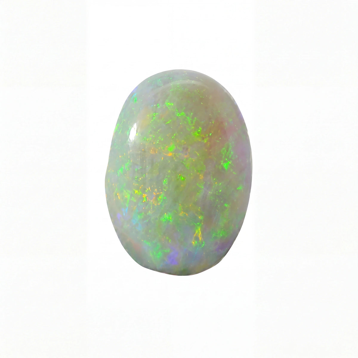 A polished oval cabochon opal gemstone displaying vibrant flashes of green, yellow, and blue iridescence against a pale grеyish-white base, isolated on a solid white background.