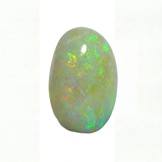 A single polished oval opal gemstone with iridescent flashes of green, blue, orange, and white on a pale grеy-green base, centred on a plain white background.