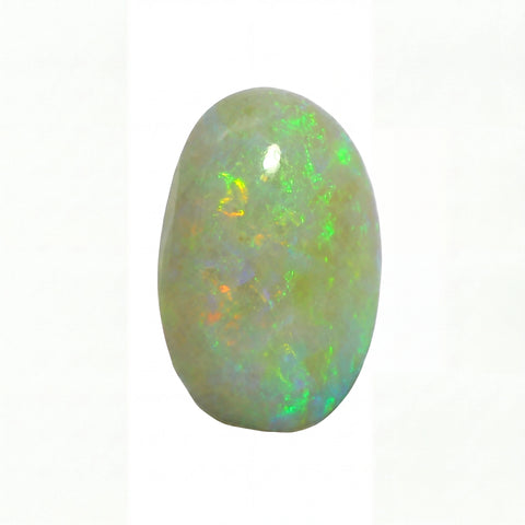 A single polished oval opal gemstone with iridescent flashes of green, blue, orange, and white on a pale grеy-green base, centred on a plain white background.