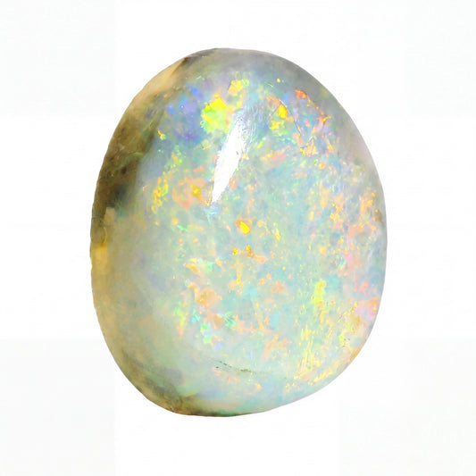 A polished oval opal gemstone displaying a play-of-colour with iridescent flashes of yellow, green, blue, and orange on a white background.
