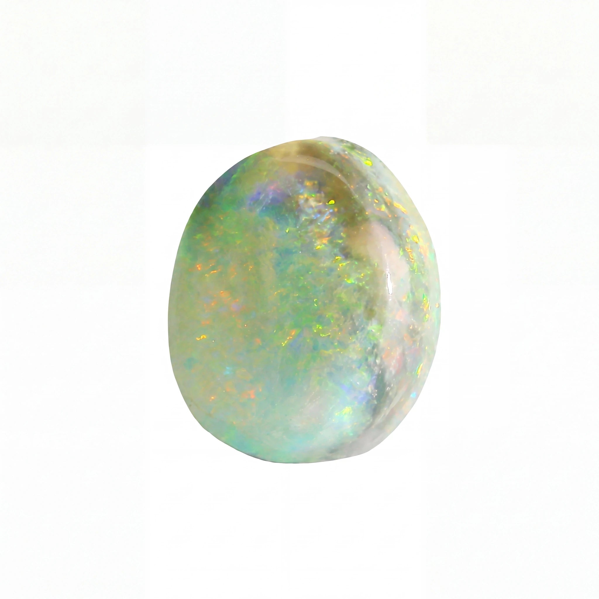 A polished oval cabochon gemstone with a milky white base and vibrant iridescent flashes of green, blue, orange, and purple, set against a plain white background.