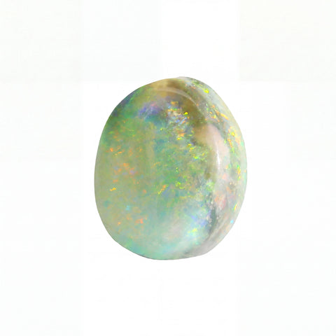 A polished oval cabochon gemstone with a milky white base and vibrant iridescent flashes of green, blue, orange, and purple, set against a plain white background.