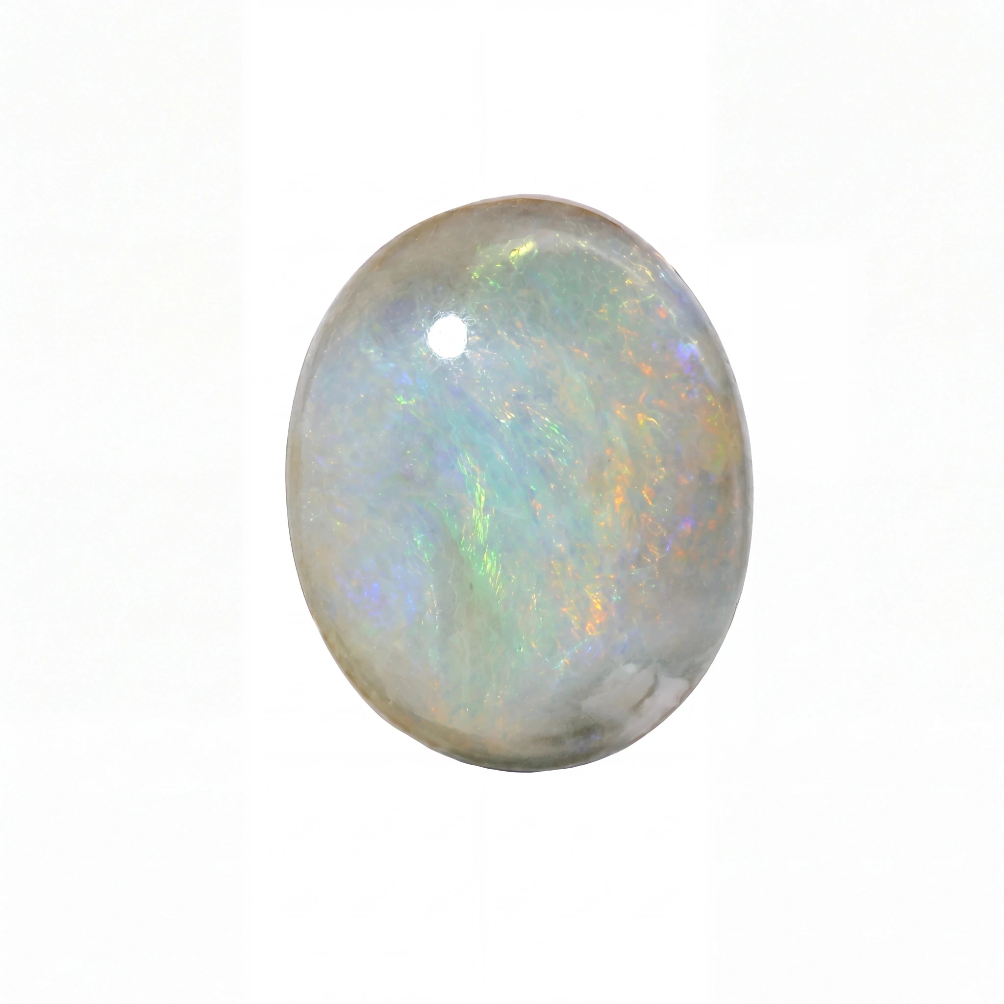 A single oval cabochon gemstone with a milky white base and vibrant iridescent flashes of blue, green, and orange, shown on a plain white background.