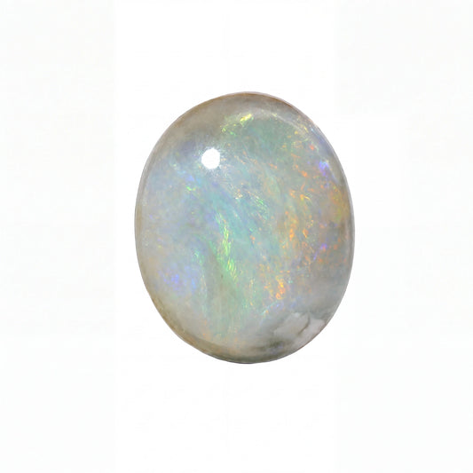 A single oval cabochon gemstone with a milky white base and vibrant iridescent flashes of blue, green, and orange, shown on a plain white background.