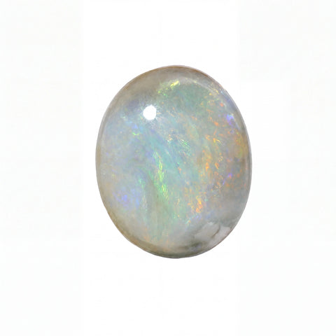 A single oval cabochon gemstone with a milky white base and vibrant iridescent flashes of blue, green, and orange, shown on a plain white background.