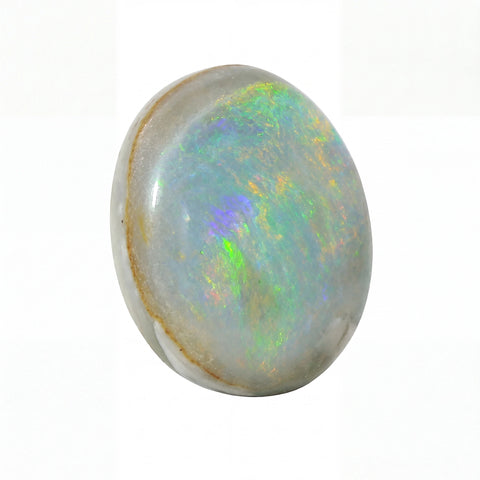 A polished oval cabochon opal gemstone displaying a play-of-colour with green, blue, purple, and orange flashes on a white background.
