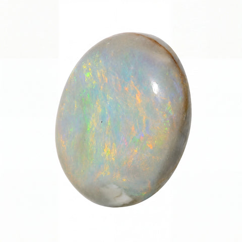 A polished oval cabochon gemstone showing a play-of-colour iridescent surface with blue, green, orange, and white flashes on a light grey base, isolated on a white background.
