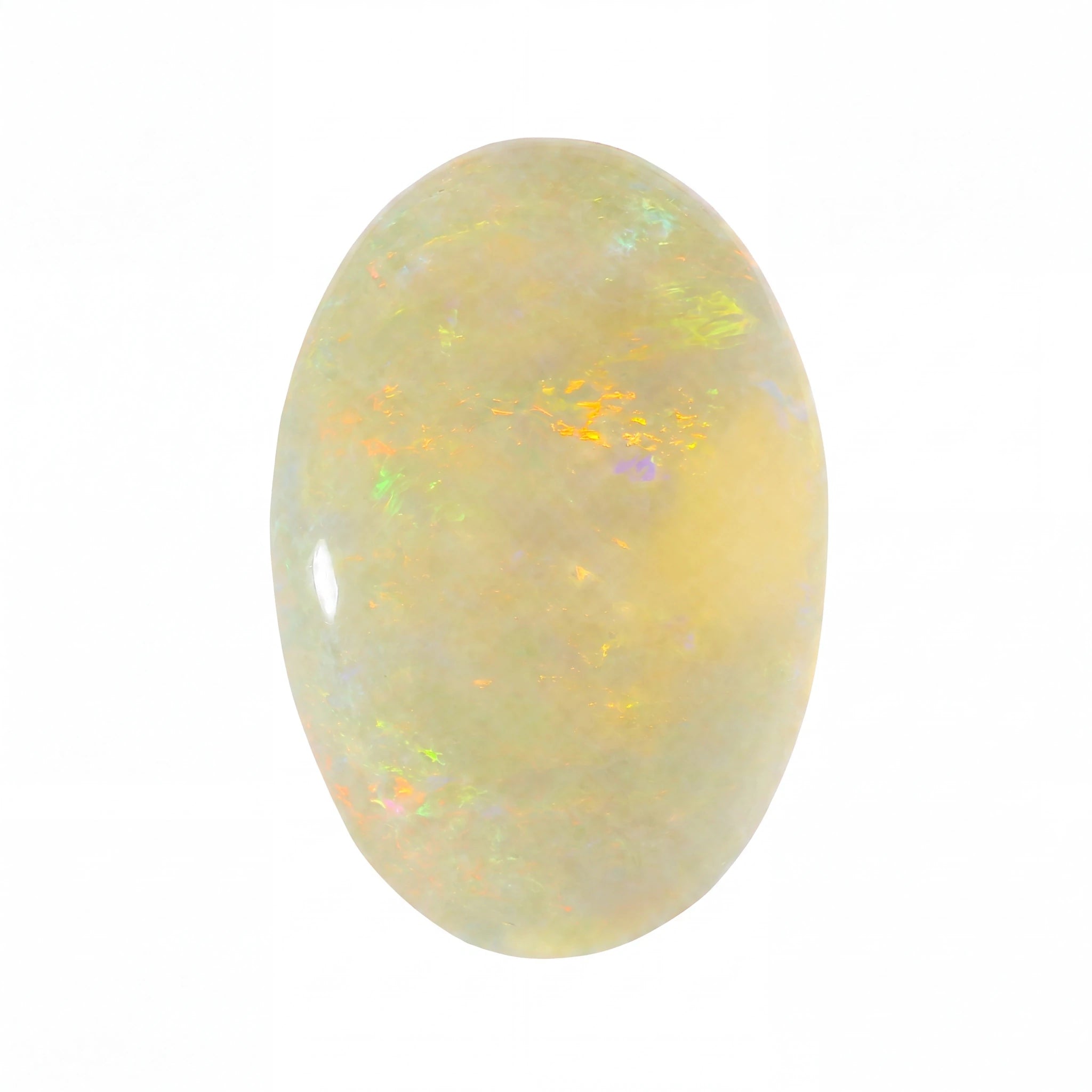 A polished oval cabochon opal gemstone displaying a creamy off-white base with vibrant flashes of yellow, green, and orange, set against a plain white background.