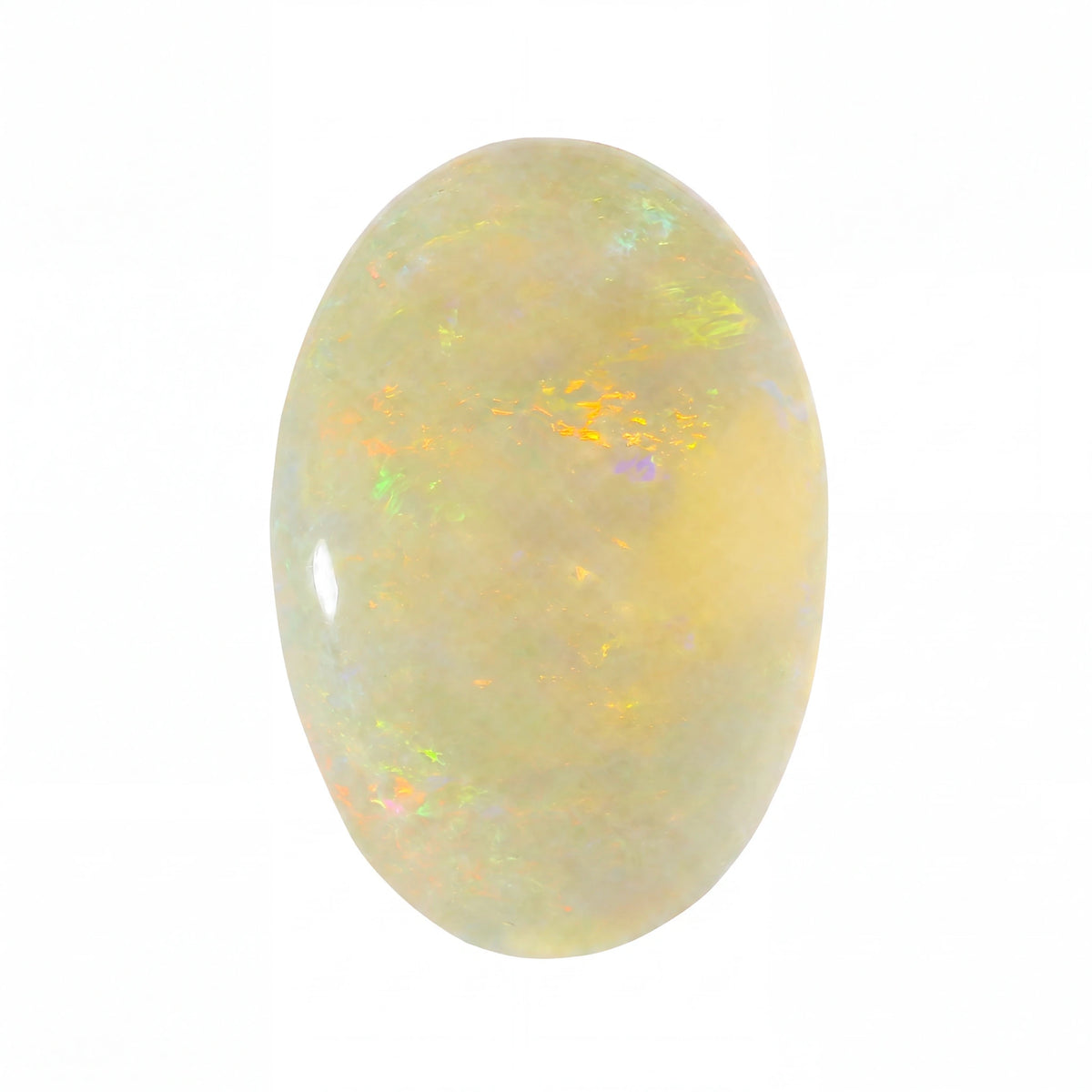 A polished oval cabochon opal gemstone displaying a creamy off-white base with vibrant flashes of yellow, green, and orange, set against a plain white background.