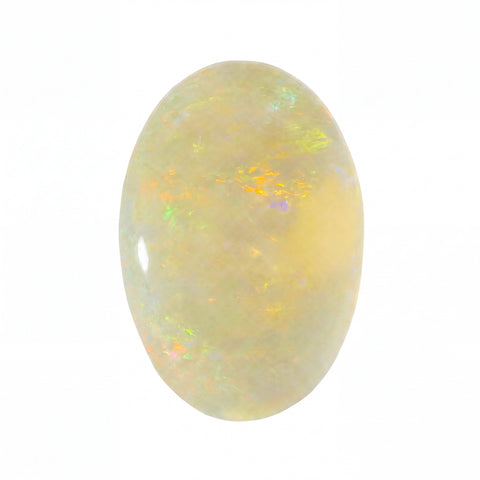 A polished oval cabochon opal gemstone displaying a creamy off-white base with vibrant flashes of yellow, green, and orange, set against a plain white background.