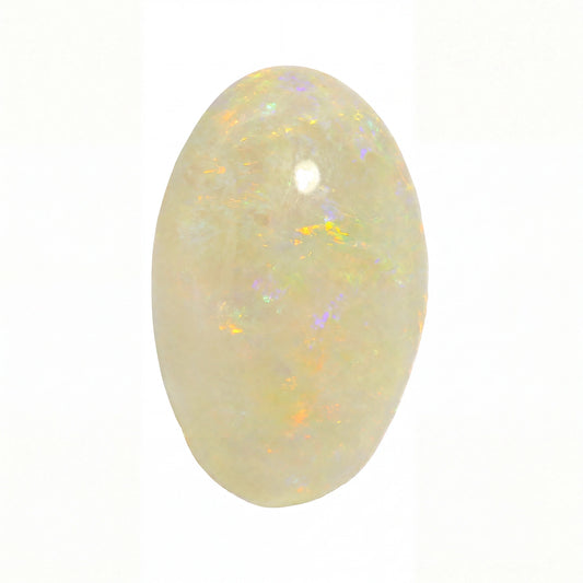 A polished oval cabochon gemstone with a milky white base and iridescent flashes of yellow, orange, and blue, shown on a plain white background.