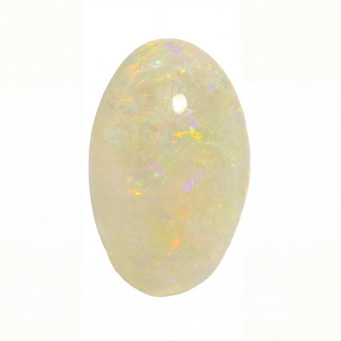 A polished oval cabochon gemstone with a milky white base and iridescent flashes of yellow, orange, and blue, shown on a plain white background.