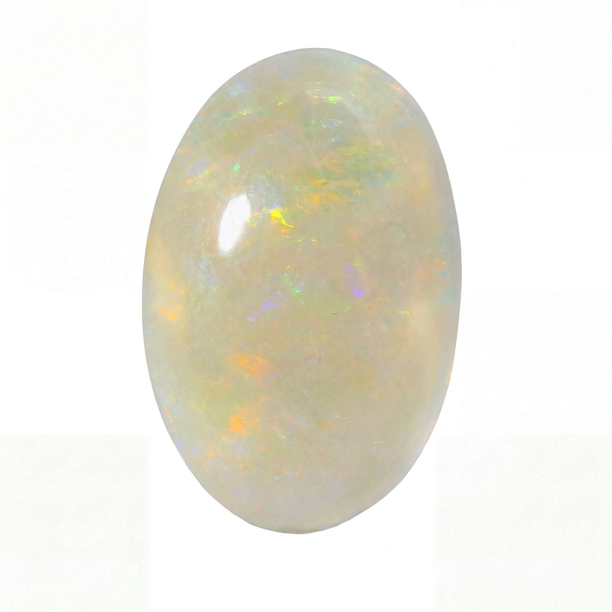 A polished oval cabochon opal gemstone displaying a creamy off-white base with vibrant flashes of orange, yellow, and green iridescence, set against a plain white background.