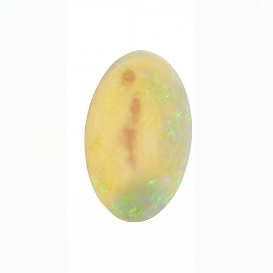 A single oval cabochon gemstone with a pale yellow base and iridescent flashes of green, blue, and orange, shown on a plain white background.
