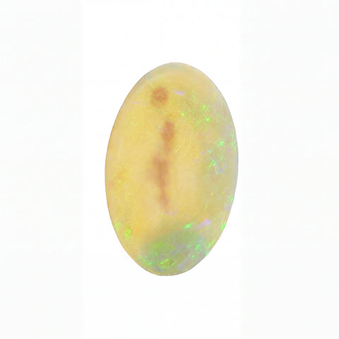 A single oval cabochon gemstone with a pale yellow base and iridescent flashes of green, blue, and orange, shown on a plain white background.