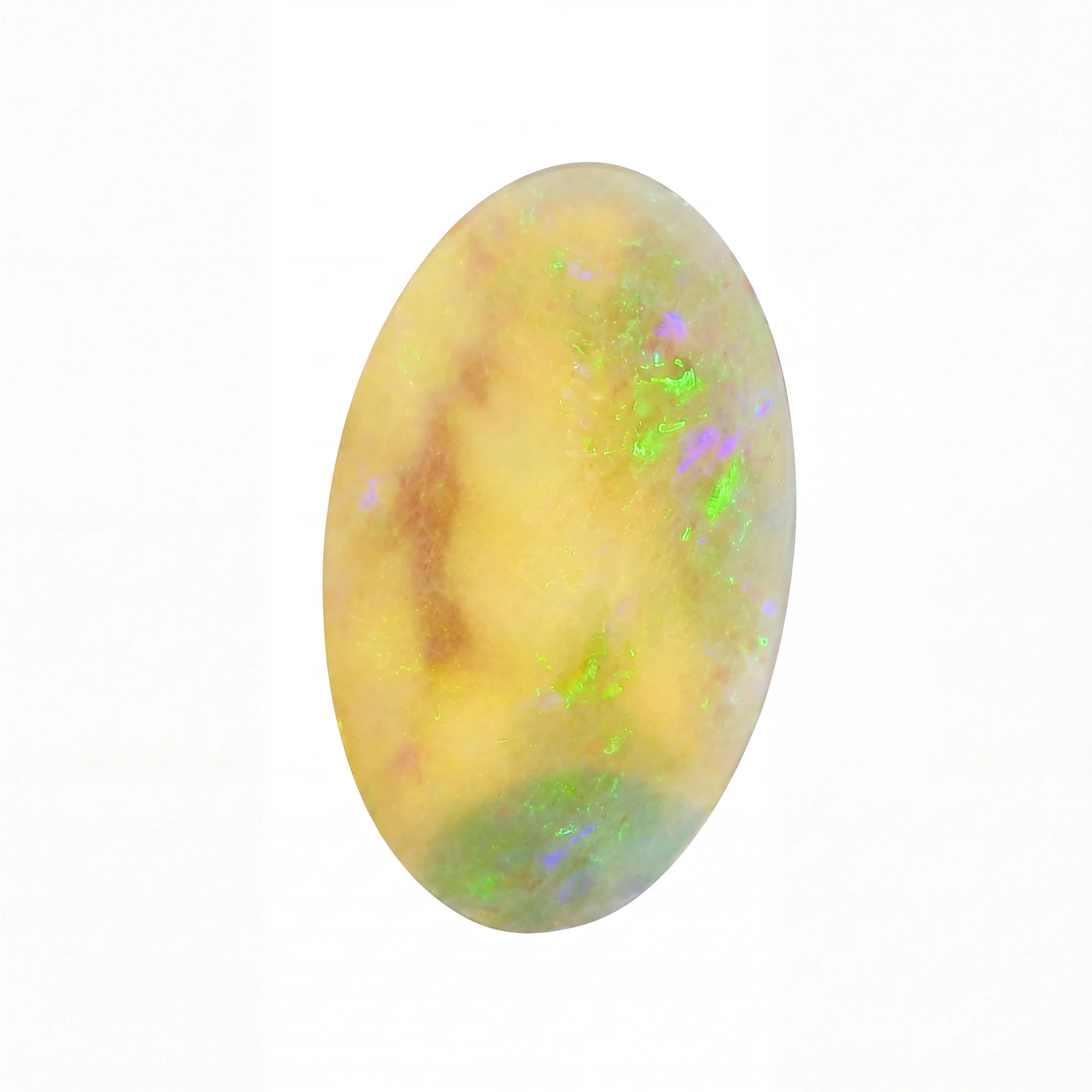 A polished oval cabochon opal gemstone displaying a creamy yellow base with vibrant flashes of green, purple, and brown, set against a plain white background.