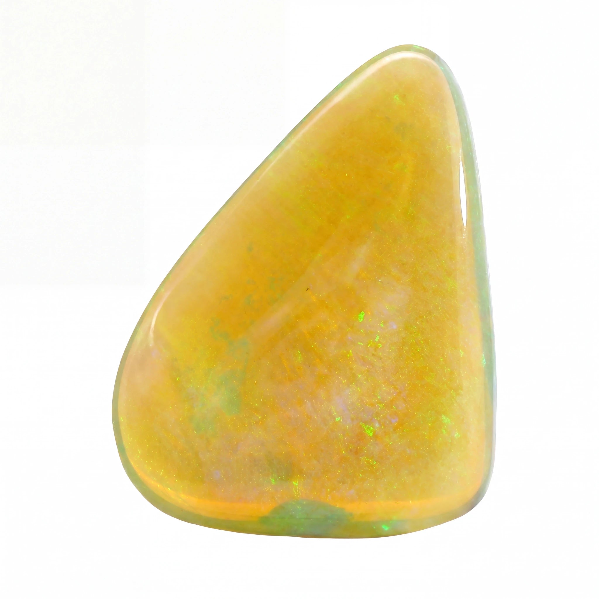 A polished, teardrop-shaped opal stone with a warm golden-yellow body and subtle green iridescent flashes, shown on a plain white background.