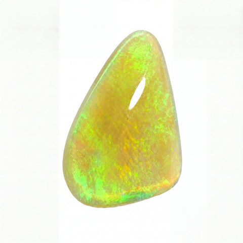 A teardrop-shaped loose opal gemstone with a vibrant play-of-colour showing bright green, yellow, and orange hues on a white background.
