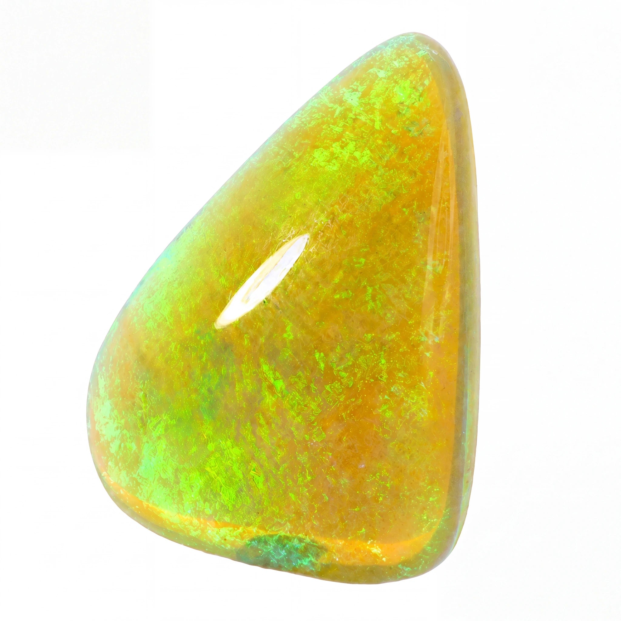 A polished tumbled opal gemstone with a triangular shape, displaying a vibrant mix of yellow, orange, and green iridescent colors on a plain white background.